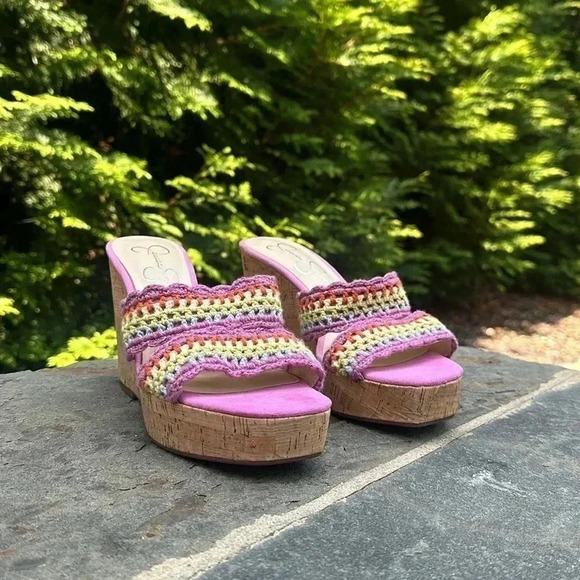 NEW JESSICA SIMPSON Size 7.5 Multi Colorful Knit Design Wedge Heel Sandals - Picture 1 of 10